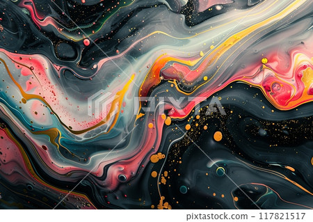 Dynamic abstract fluid art with swirling patterns of black, gold, and pink Dynamic abstract fluid art with swirling patterns of black, gold, and pink 117821517
