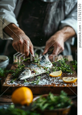 A Caucasian chef in his 30s carefully prepares and seasons horse mackerel on a wooden cutting board 117821520