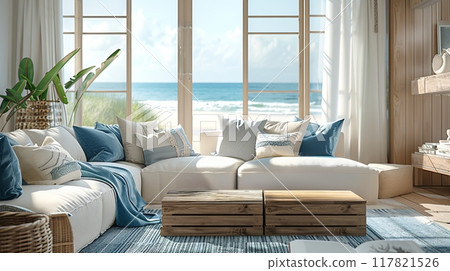 Bright and airy beach house living room with large windows overlooking the ocean Bright and airy beach house living room with large windows overlooking the ocean 117821526