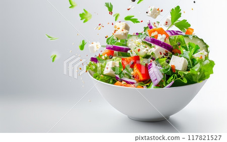 A vibrant image of a fresh salad in a white bowl, with ingredients like lettuce, cucumber, red onion, feta cheese A vibrant image of a fresh salad in a white bowl, with ingredients like lettuce, cucumber, red onion, feta cheese 117821527
