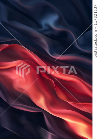 An abstract background featuring smooth, flowing waves in shades of red and dark blue 117821537
