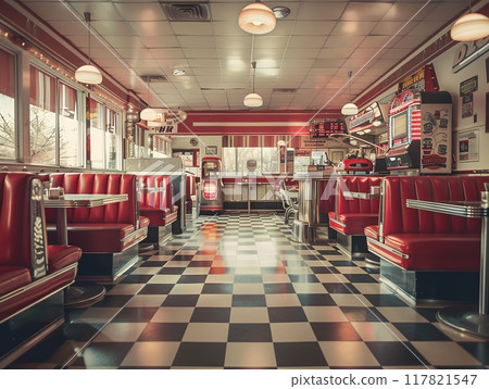 A retro-style photograph, depicting a 1950s diner. The scene is filled with vintage decor, red leather booths A retro-style photograph, depicting a 1950s diner. The scene is filled with vintage decor, red leather booths 117821547