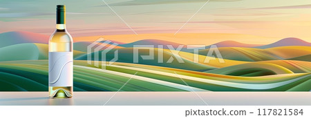 Bottle of white wine with a blank label on a table, set against a flowing vineyard landscape in Tuscany Bottle of white wine with a blank label on a table, set against a flowing vineyard landscape in Tuscany 117821584