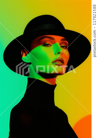 A sophisticated fashion portrait featuring a model in sleek, modern attire and a stylish hat 117821588