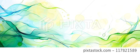 Abstract background with flowing, translucent waves of lime green and blue on a white backdrop 117821589