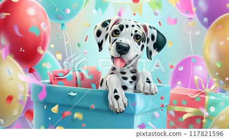 Illustration of a cheerful Dalmatian puppy popping out of a blue gift box at a vibrant birthday party 117821596
