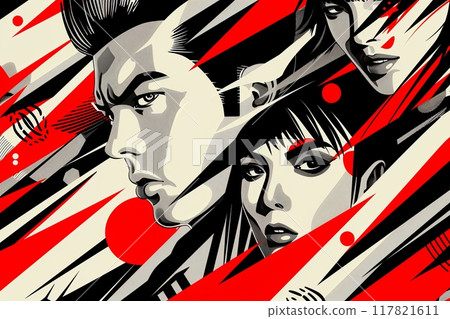 A comics pattern featuring manga-inspired characters with dynamic poses and dramatic expressions 117821611