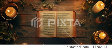 Open bible on a table surrounded by candles 117821618