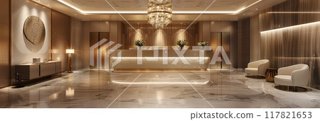 A luxurious clinic reception area with a sleek, modern design featuring marble floors, elegant furniture A luxurious clinic reception area with a sleek, modern design featuring marble floors, elegant furniture 117821653