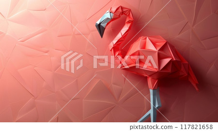 Modern origami art depicting a flamingo with a vivid coral hue against a matching geometric background Modern origami art depicting a flamingo with a vivid coral hue against a matching geometric background 117821658