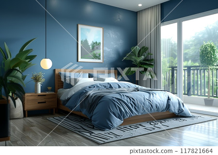 A tranquil blue bedroom featuring a snug bed, chic wooden furnishings, verdant houseplants 117821664