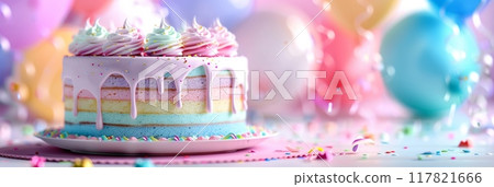 Colorful birthday cake with pastel layers and icing, surrounded by balloons and confetti Colorful birthday cake with pastel layers and icing, surrounded by balloons and confetti 117821666