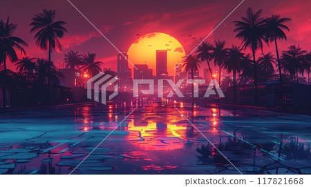 A futuristic cityscape at sunset with neon pink and orange skies, palm trees silhouetted against the horizon 117821668