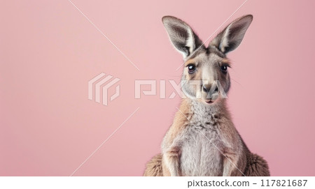 A kangaroo stands against a pastel pink background, gazing directly at the camera 117821687