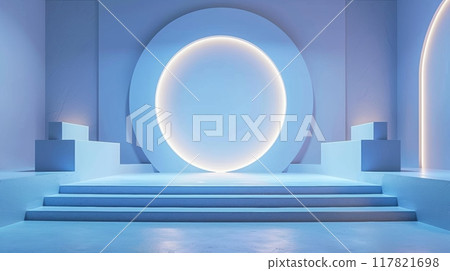 Blue-grey gradient on a minimalist tech event stage 117821698