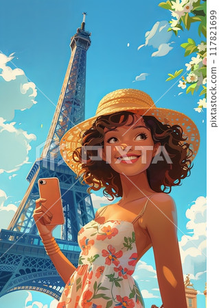 Joyful illustration of a young woman, holding a smartphone and smiling in front of the Eiffel Tower 117821699