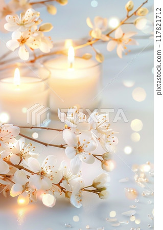 Soft white candles surrounded by blooming white flowers and bokeh lights 117821712