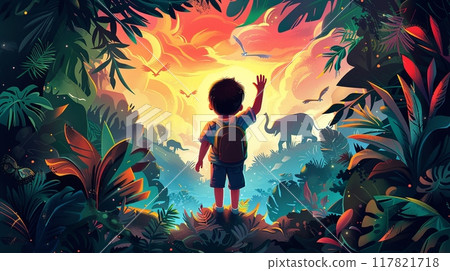Vivid illustration of a child with a backpack exploring a lush jungle with exotic animals at sunset 117821718