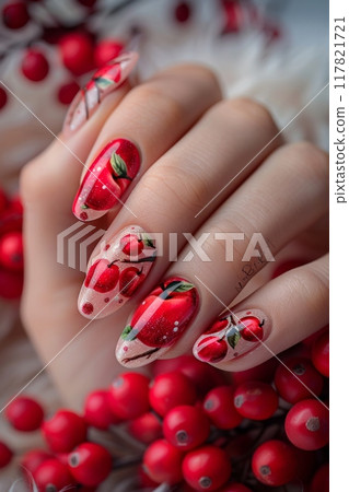 Close-up of a womans hand with intricate cherry-themed nail art, featuring red cherries and green leaves 117821721