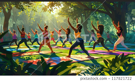 A diverse group of women practicing yoga outdoors in a lush, sunlit park 117821722