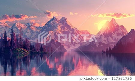 A tranquil alpine lake reflecting a stunning sunset with majestic snow-capped mountains A tranquil alpine lake reflecting a stunning sunset with majestic snow-capped mountains 117821726