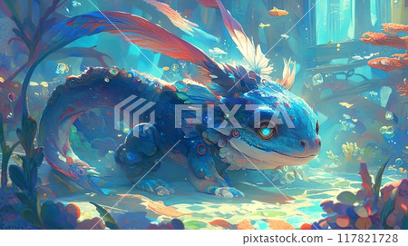 A vibrant, fantasy illustration of a blue, dragon-like creature with glowing eyes and feathered accents in a magical forest 117821728