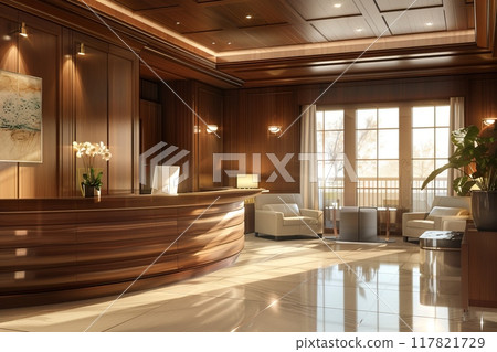 Luxurious clinic reception area with rich wood paneling, plush seating, and soft ambient lighting 117821729