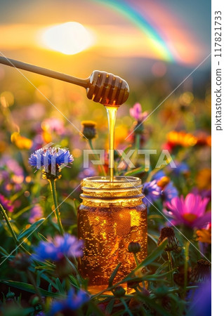 Golden honey flowing from a dipper into a jar, set in a vibrant wildflower meadow during sunset 117821733
