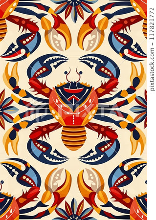 Colorful and bold pattern featuring stylized crabs in vibrant red, blue, yellow, and orange hues Colorful and bold pattern featuring stylized crabs in vibrant red, blue, yellow, and orange hues 117821772