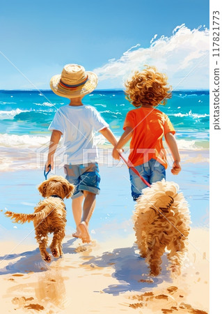 Vibrant illustration of two children walking with dogs on a sunny beach. Vibrant illustration of two children walking with dogs on a sunny beach. 117821773