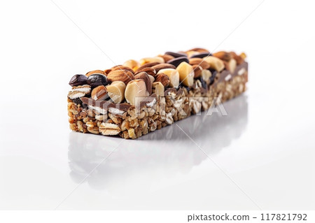 A protein bar with an assortment of nuts and seeds, set against a clean white background A protein bar with an assortment of nuts and seeds, set against a clean white background 117821792
