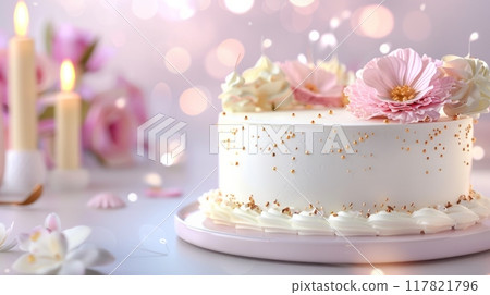 Elegant white cake adorned with pink flowers, gold accents, and delicate frosting Elegant white cake adorned with pink flowers, gold accents, and delicate frosting 117821796