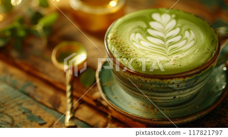 Artistic matcha latte in a rustic ceramic cup with intricate foam design on a wooden table Artistic matcha latte in a rustic ceramic cup with intricate foam design on a wooden table 117821797
