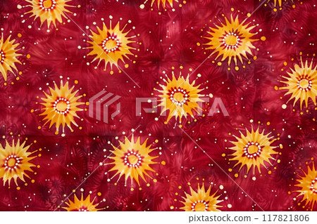 Vibrant Bandhani pattern featuring intricate sunburst motifs in yellow and white on a rich red background 117821806
