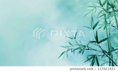 Tranquil bamboo stems and leaves against a soft, light blue background, creating a serene and calming atmosphere Tranquil bamboo stems and leaves against a soft, light blue background, creating a serene and calming atmosphere 117821831