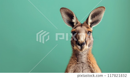 A kangaroo stands against a pastel green background, gazing directly at the camera 117821832