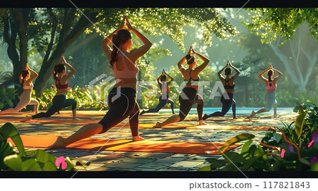 Group of women practicing yoga in a sunlit outdoor setting, surrounded by lush greenery. Group of women practicing yoga in a sunlit outdoor setting, surrounded by lush greenery. 117821843