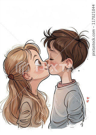 Charming illustration of a young couple sharing an innocent kiss, capturing the warmth and joy of youthful affection Charming illustration of a young couple sharing an innocent kiss, capturing the warmth and joy of youthful affection 117821844