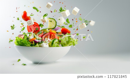 A dynamic image of a fresh salad in a white bowl, with ingredients like lettuce, tomato, cucumber, red onion A dynamic image of a fresh salad in a white bowl, with ingredients like lettuce, tomato, cucumber, red onion 117821845