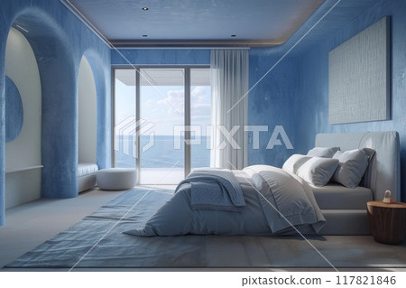 Soothing oceanfront bedroom with a panoramic view, awash in serene blue tones Soothing oceanfront bedroom with a panoramic view, awash in serene blue tones 117821846