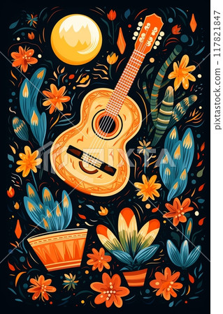 Vibrant Mexican guitar with flowers under a full moon 117821847