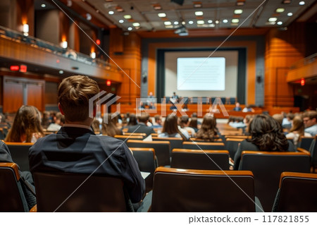 Prestigious business school lecture hall with tiered seating, large projector screen, and engaged audience Prestigious business school lecture hall with tiered seating, large projector screen, and engaged audience 117821855