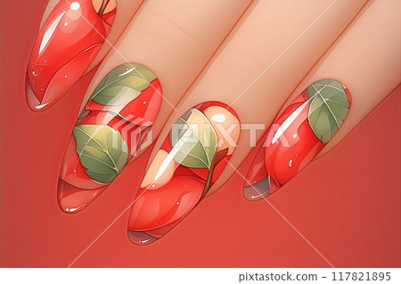 Close-up of a hand with long nails featuring detailed and colorful apple-themed nail art on a red background Close-up of a hand with long nails featuring detailed and colorful apple-themed nail art on a red background 117821895