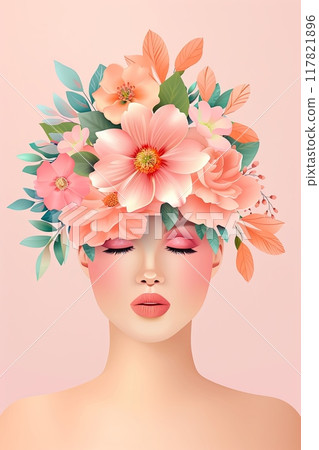 Illustration of a woman with closed eyes adorned with a crown of pink and peach flowers and green leaves. 117821896