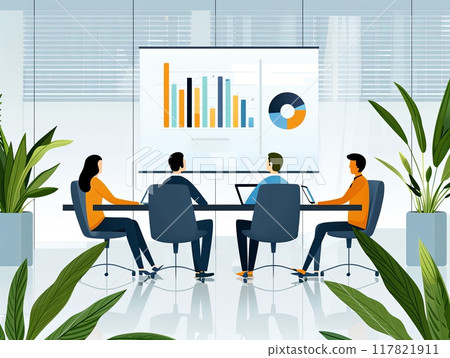 Detailed illustration of a board of directors strategic planning session with flowcharts and graphs on a large screen 117821911