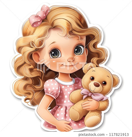 Sweet sticker of a blonde girl with curly hair, holding a teddy bear, wearing a pink polka-dot dress 117821913