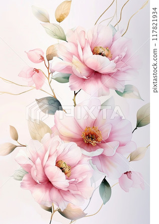 Elegant watercolor illustration of delicate pink flowers with green and gold leaves 117821934