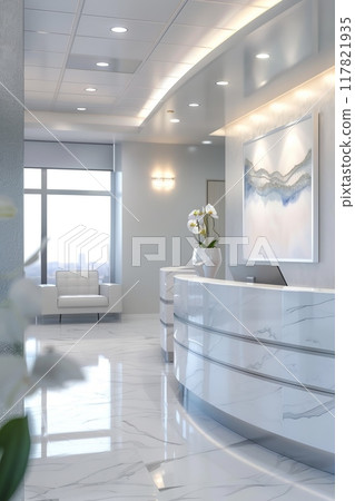 Stylish clinic reception area with a contemporary design, featuring sleek white surfaces, glass accents Stylish clinic reception area with a contemporary design, featuring sleek white surfaces, glass accents 117821935