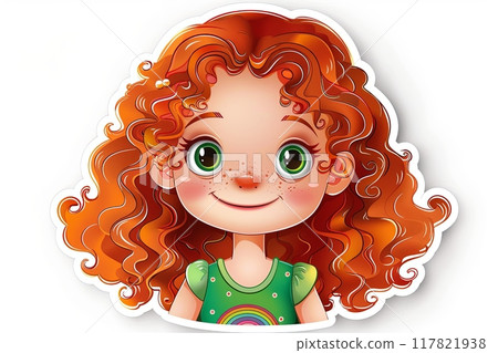 Adorable sticker of a curly red-haired girl with green eyes, wearing a green shirt with a rainbow Adorable sticker of a curly red-haired girl with green eyes, wearing a green shirt with a rainbow 117821938