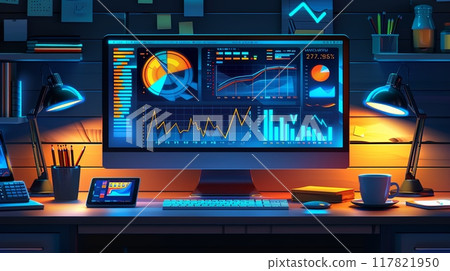 Digital illustration of a desktop screen displaying SEO strategies with colorful charts and graphs Digital illustration of a desktop screen displaying SEO strategies with colorful charts and graphs 117821950